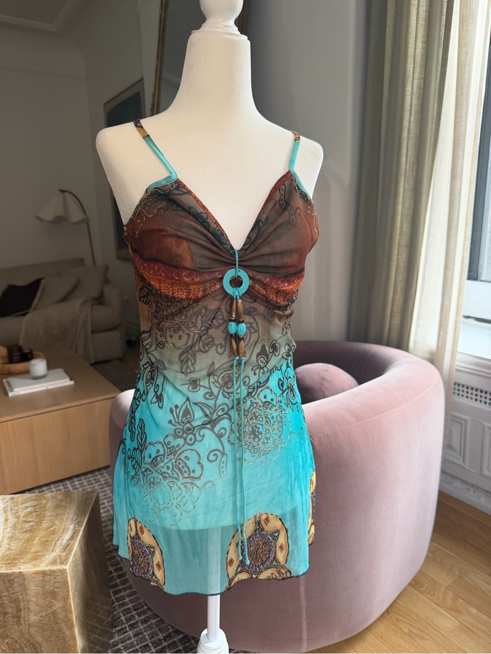 Turquoise & Brown Printed Mini Dress/Shirt with Bead Detail
